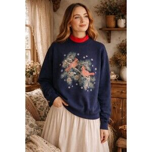 Vtg Cottagecore Cardinal Bird Graphic USA Made XL Winter Holiday Y2k Sweatshirt